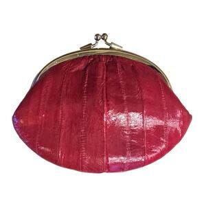 Vintage Red Faux Leather Clutch Outside & Inside Kiss Closure Made in Korea
